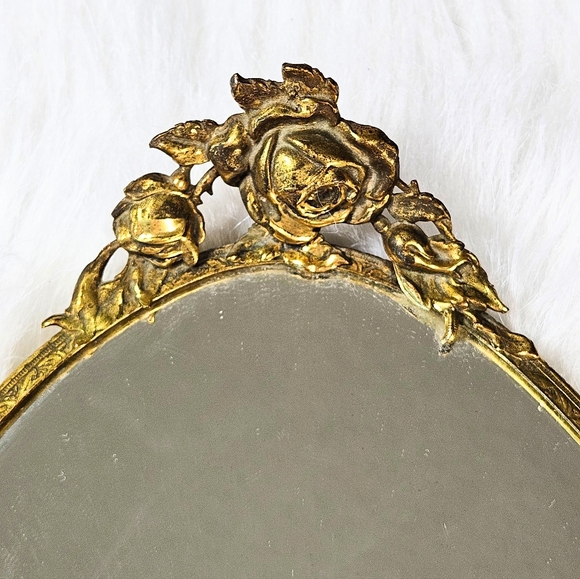Vintage Oval Vanity Mirror Gold Filigree Bridgerton Regency Rose Accents 16 in - Picture 2 of 11
